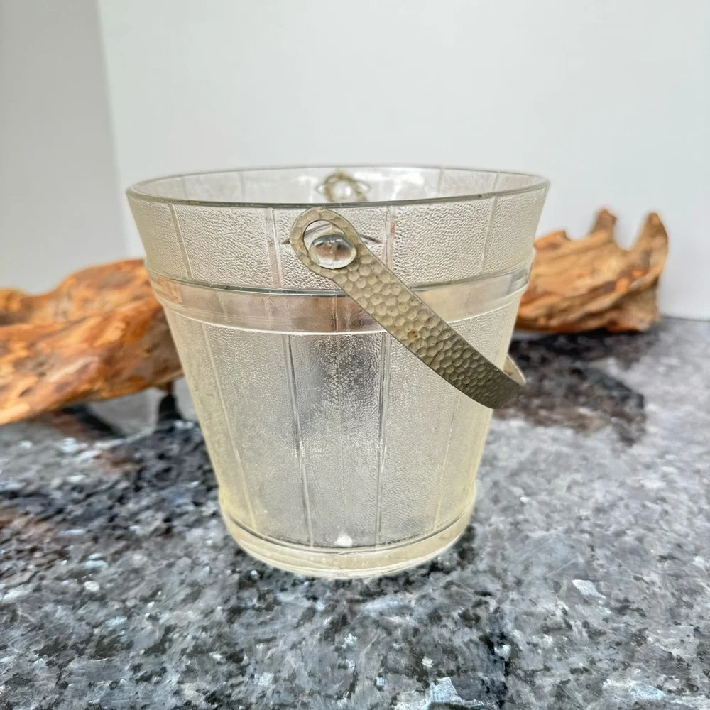 VTG Frosted Glass Wooden Pail Design Ice Bucket With Hammered Metal Swing Handle